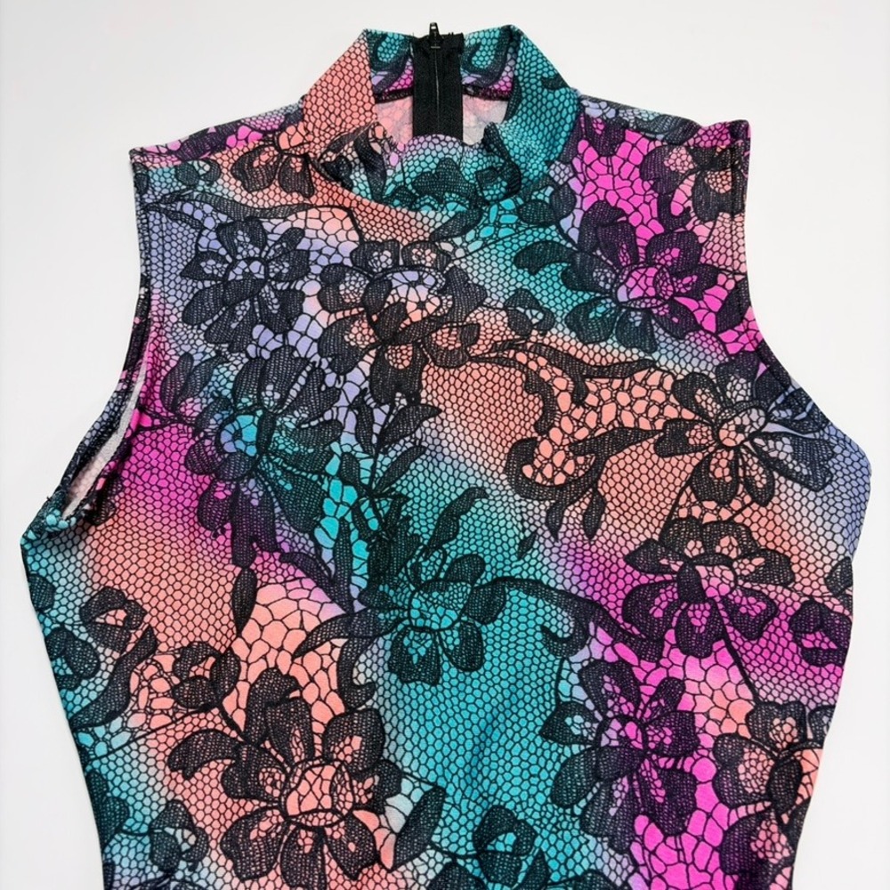 Gilda Marx Flexatard Vintage 80s Floral Lace Print Mock Neck Leotard Sz S USA - Picture 4 of 13